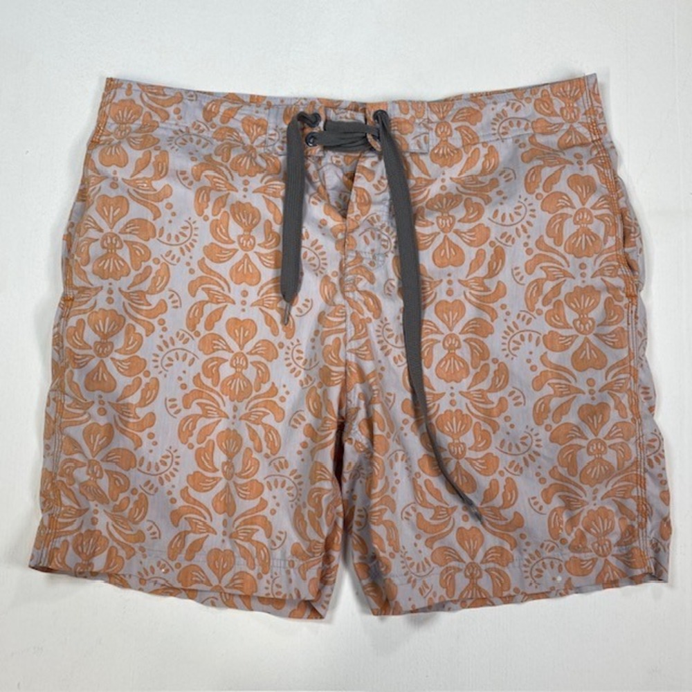 Reyn Spooner Mens 34 Board Shorts Orange Grey Floral Damask Hawaiian Swim Trunks
